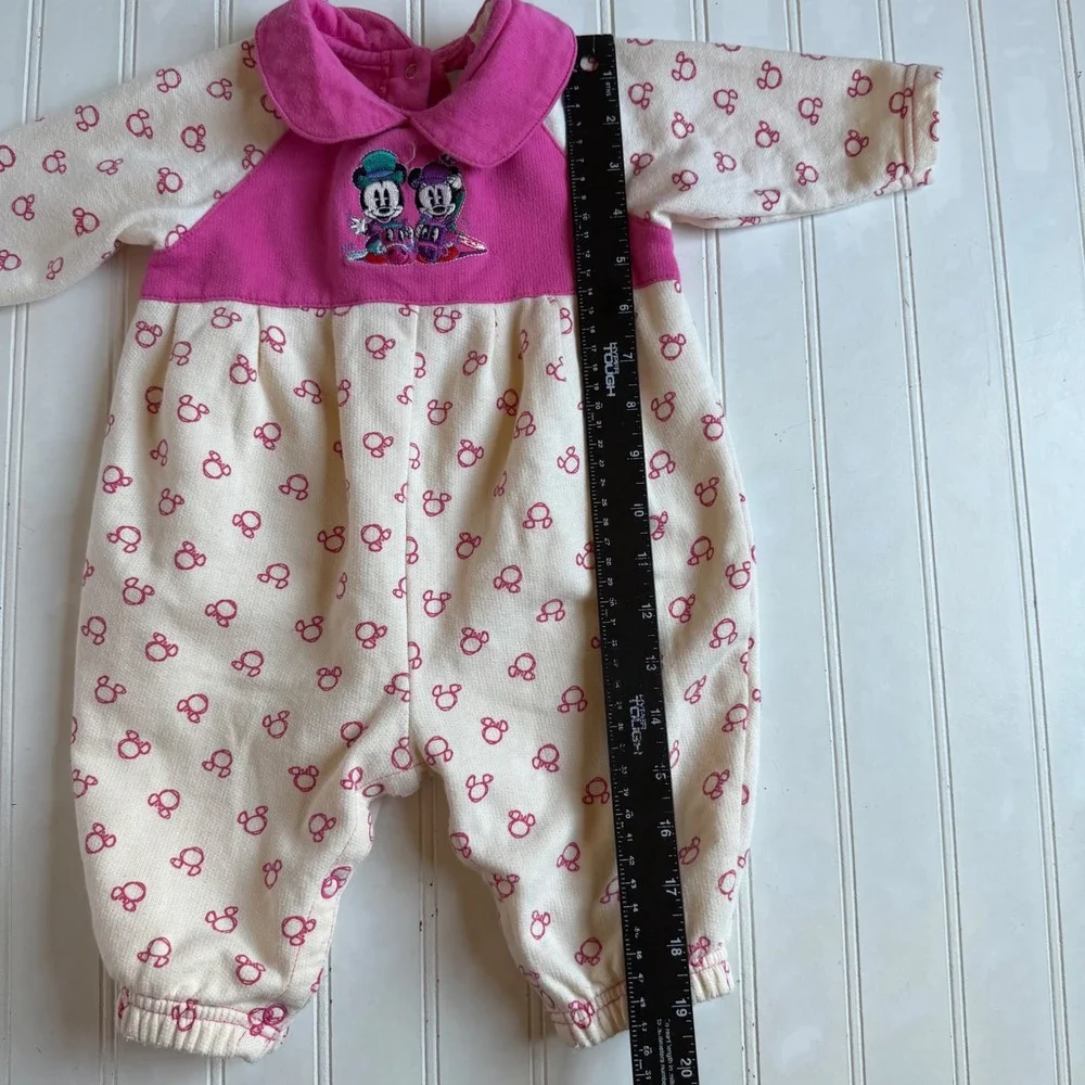 Vintage 90s Disney Baby Mickey & Co Pink Fleece Romper Mickey Minnie 6-9M